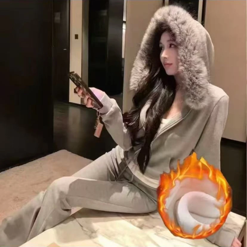 【加绒加厚】设计感气质毛领连帽拉链女套装微喇叭裤子两件套