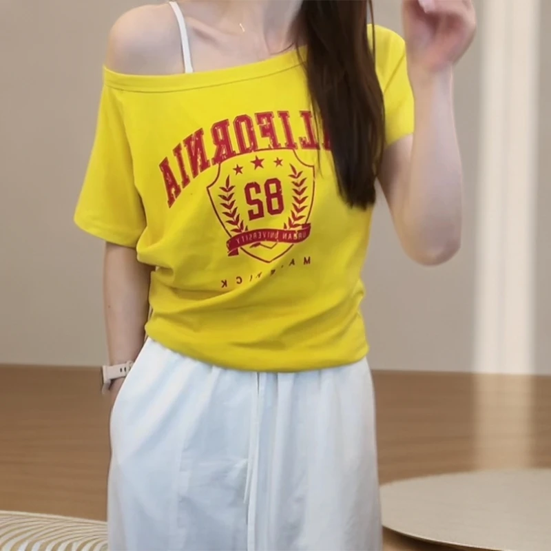 夏季新款斜肩T恤女春夏透气百搭纯棉舒适t恤女款印花