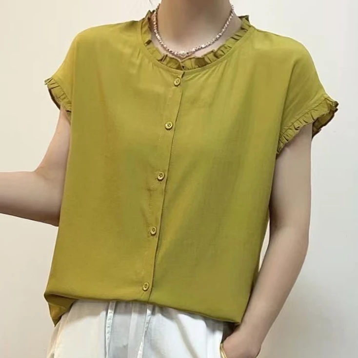 夏季新款木耳边休闲洋气纯色衬衫复古显瘦单排扣百搭花边袖上衣