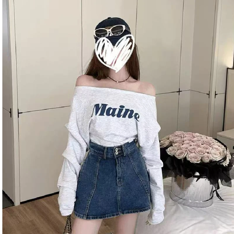 悠悠字母印花长袖卫衣+新款牛仔出行春游短裙五一旅游洋气裙子