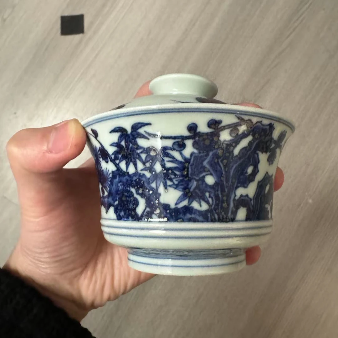 【大海明信片】柴窑青花松竹梅马蹄盖碗景德镇陶瓷主人杯