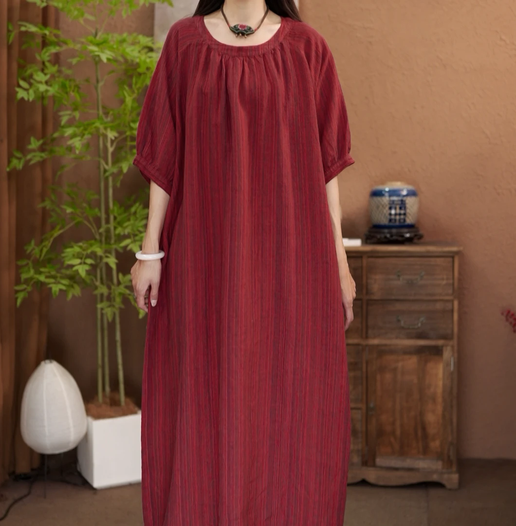 【原制原味】新款20336色织汉麻舒适时尚夏季女士圆领中长款贵妇袍