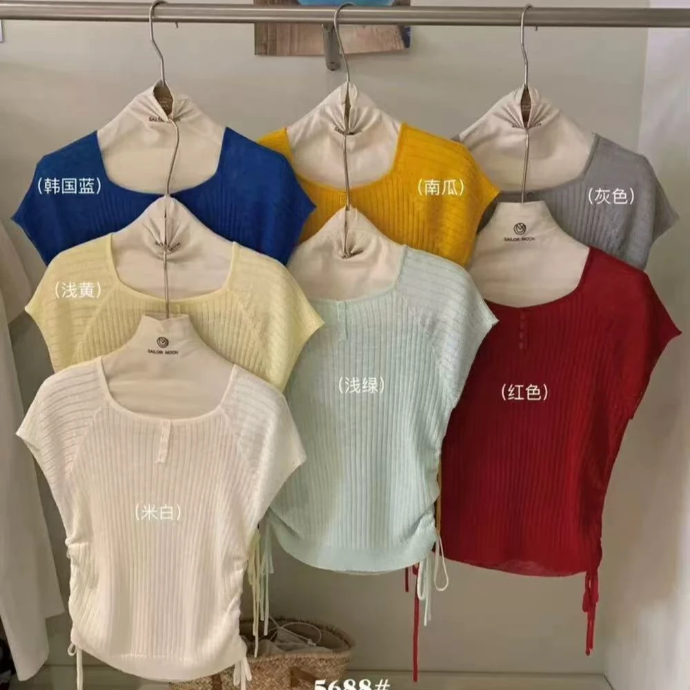 夏日凹领双抽绳短袖针织衫