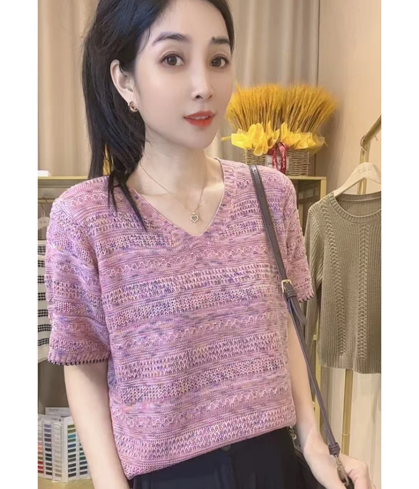 【幻彩星空】花边V领短袖套头衫气质百搭宽松显瘦夏季针织上衣