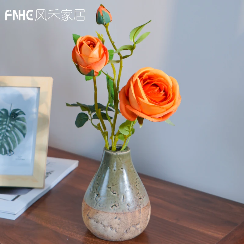 橙色玫瑰仿真花轻奢摆设客厅餐桌干花束装饰插花艺家居摆件套装