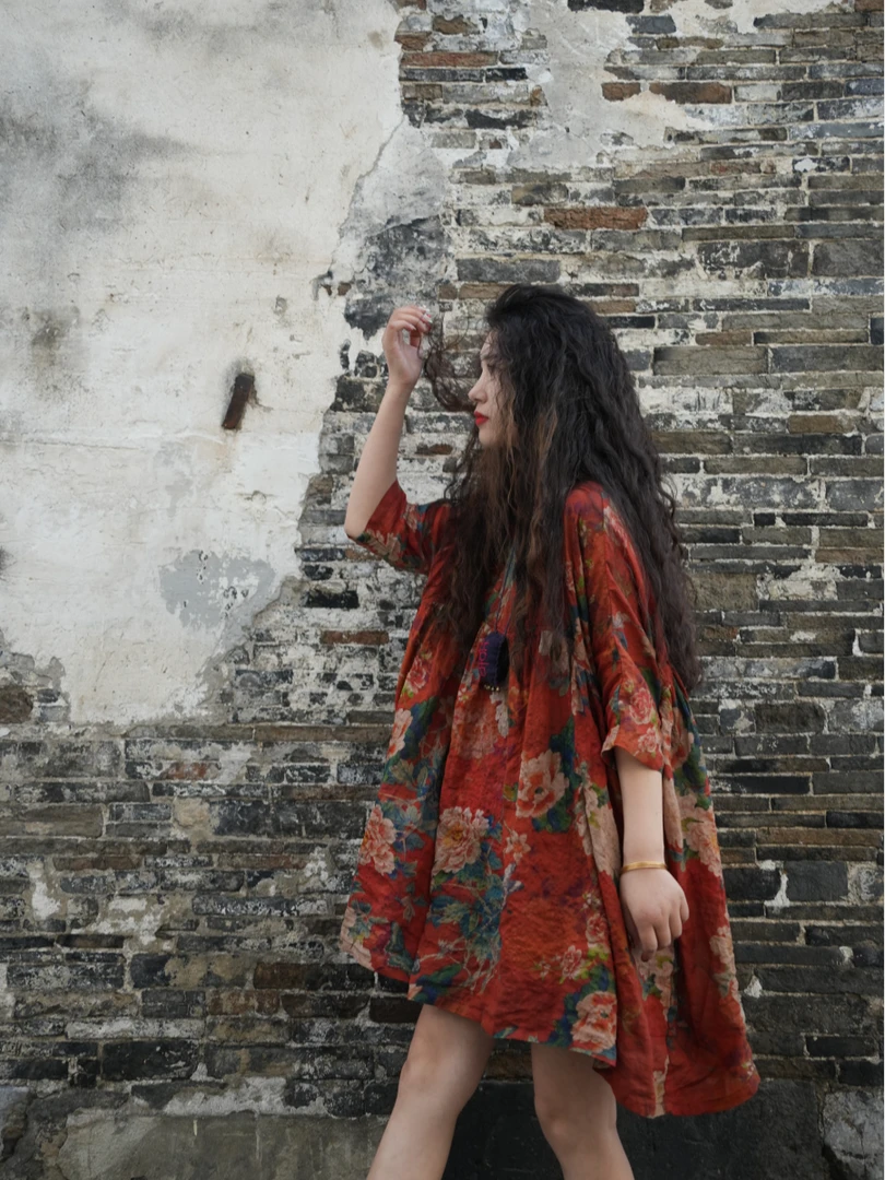 museguhui/木色古汇1123-1#复古夏季宽松文艺印花古风连衣裙