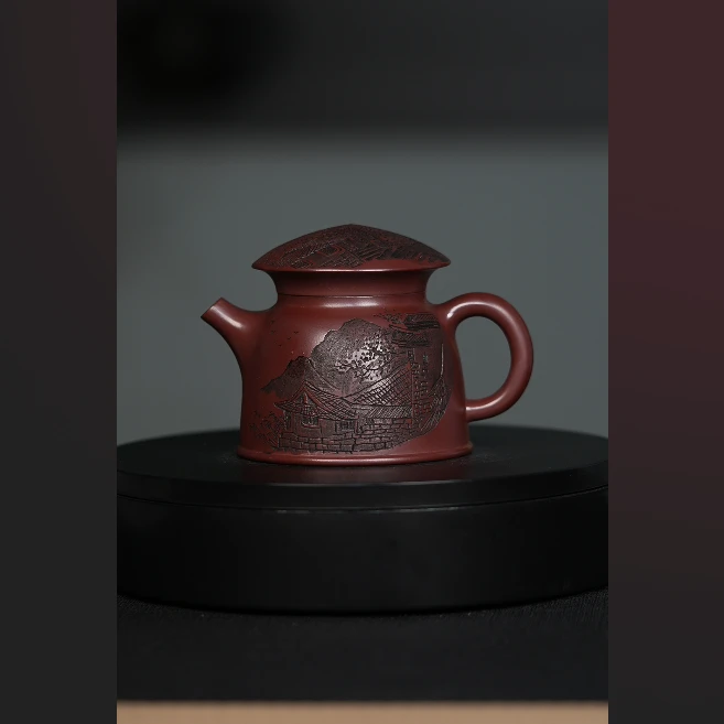 乾元紫砂  龙血砂刻绘鱼罩壶