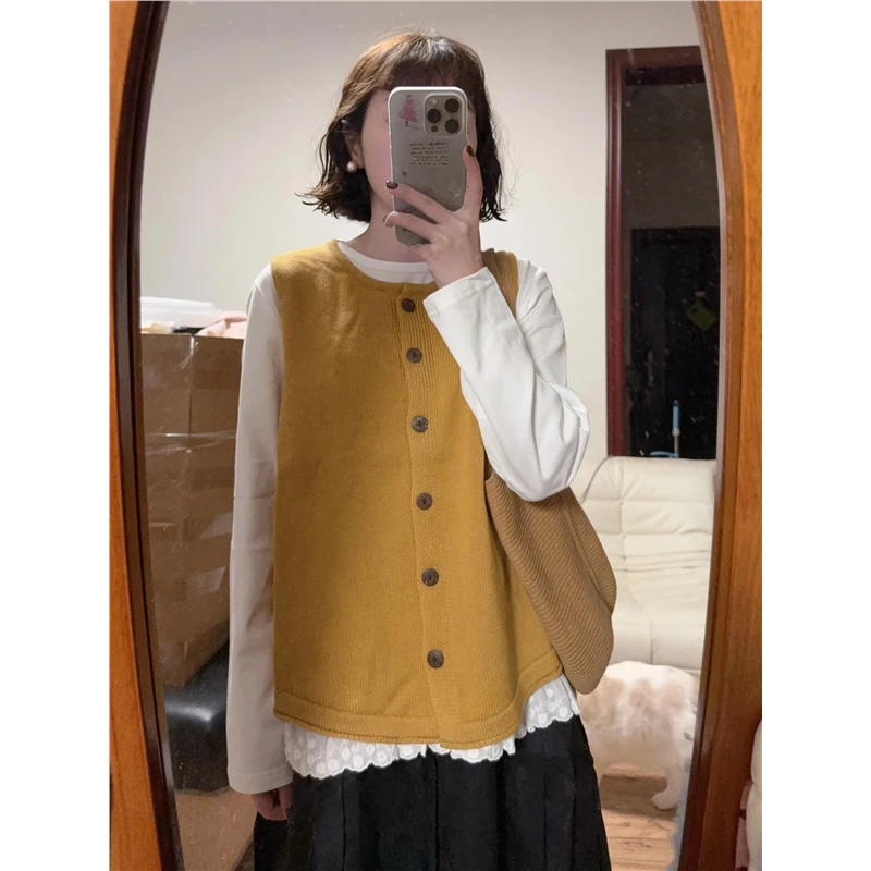 日系黄色针织马甲女春秋叠穿新款外搭小个子无袖圆领宽松背心毛衣