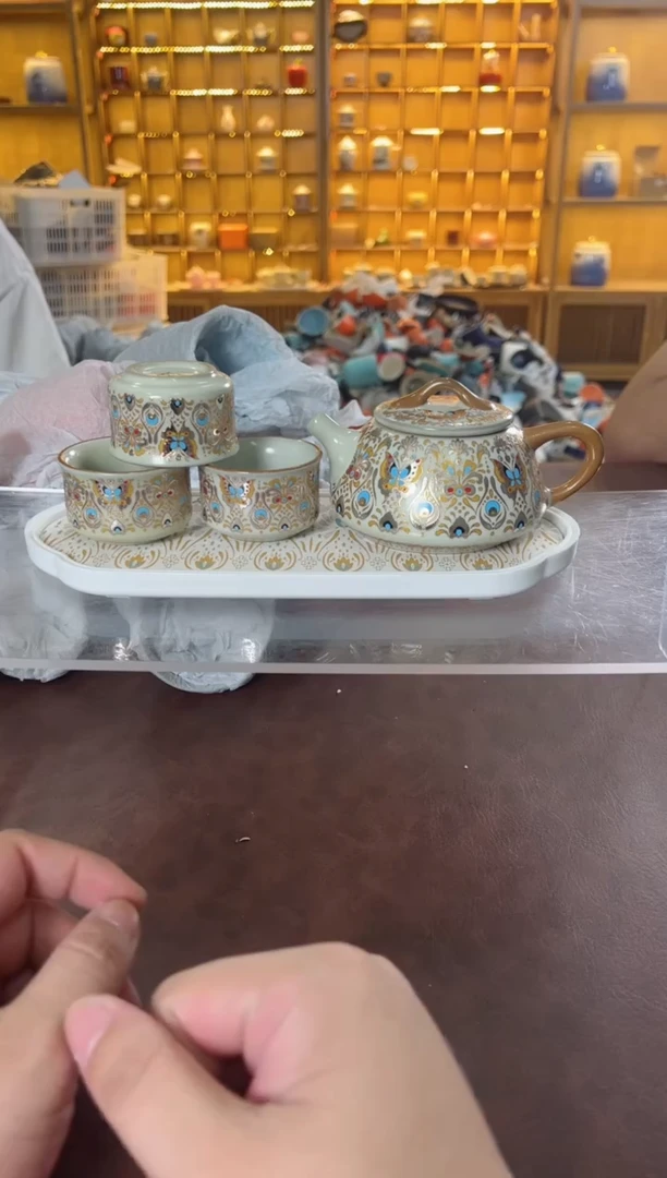 瓷片鸣盏居11111111金银错石瓢壶+3杯+茶盘
