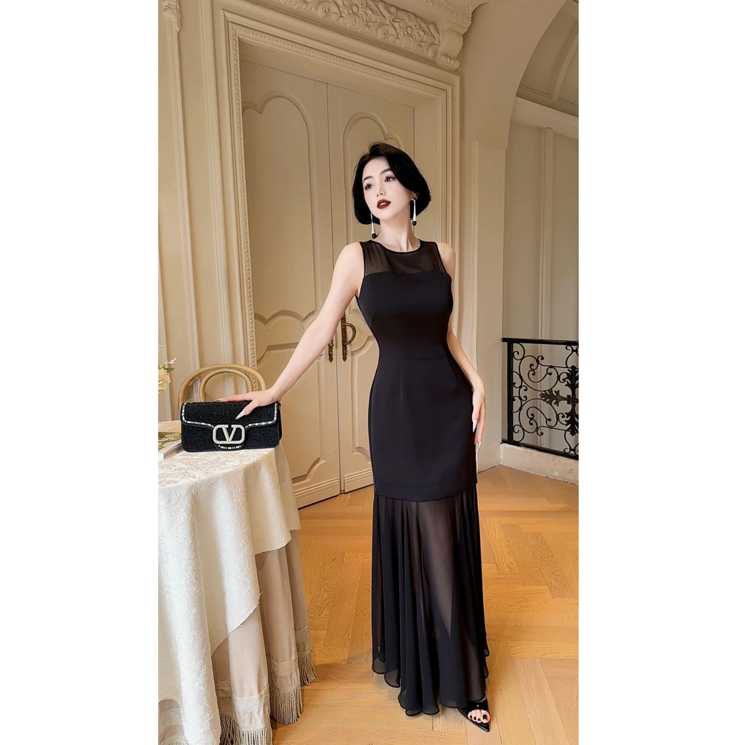 LYXJ【伊莉莎光影】雪纺拼纱连衣裙2025夏季新款收腰显瘦气质约会裙