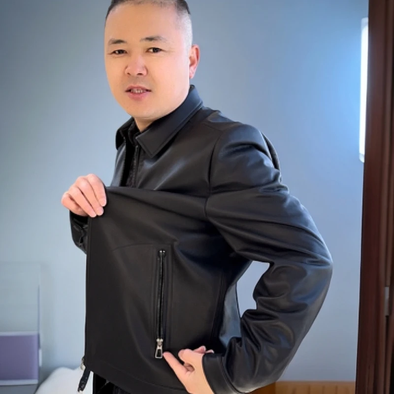 23022男士真皮绵羊皮衣时尚休闲修身翻领春秋黑色春季