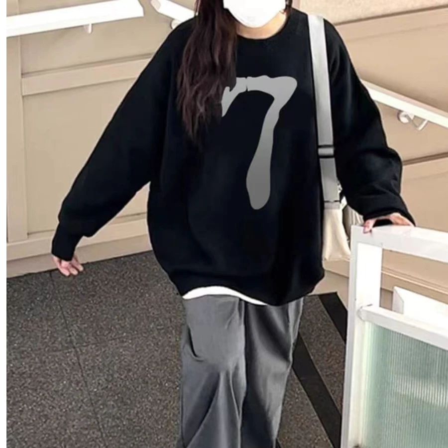 慵懒风oversize黑色圆领卫衣春秋季美式复古高级感长袖显瘦上衣