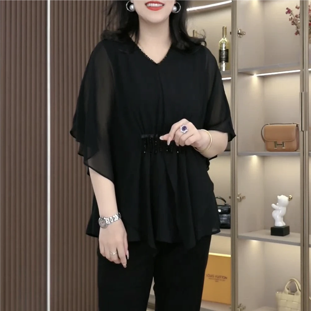 夏季新款大码女装气质流苏串珠百搭显瘦收腰洋气上衣ZB7398