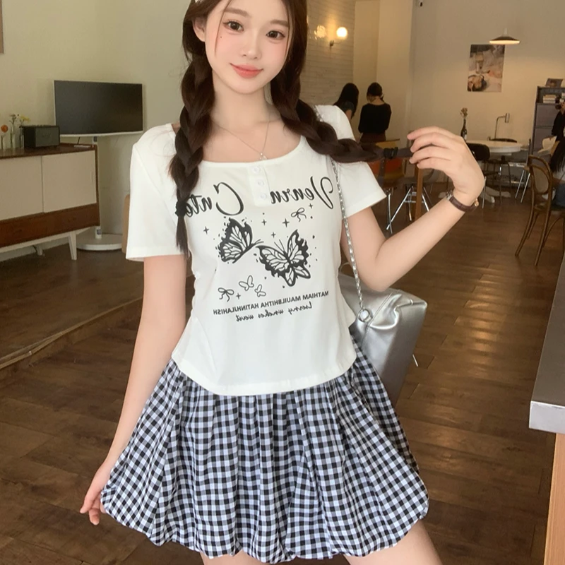 胖mm大码时尚蝴蝶印花短袖T恤花苞格子裙套装A1320短袖+21712短裙