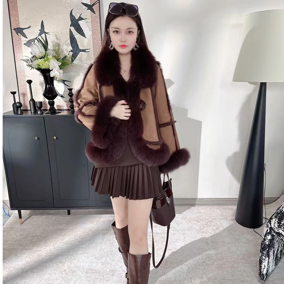 YinMi皮草女兔皮毛一体女装狐狸毛领短款