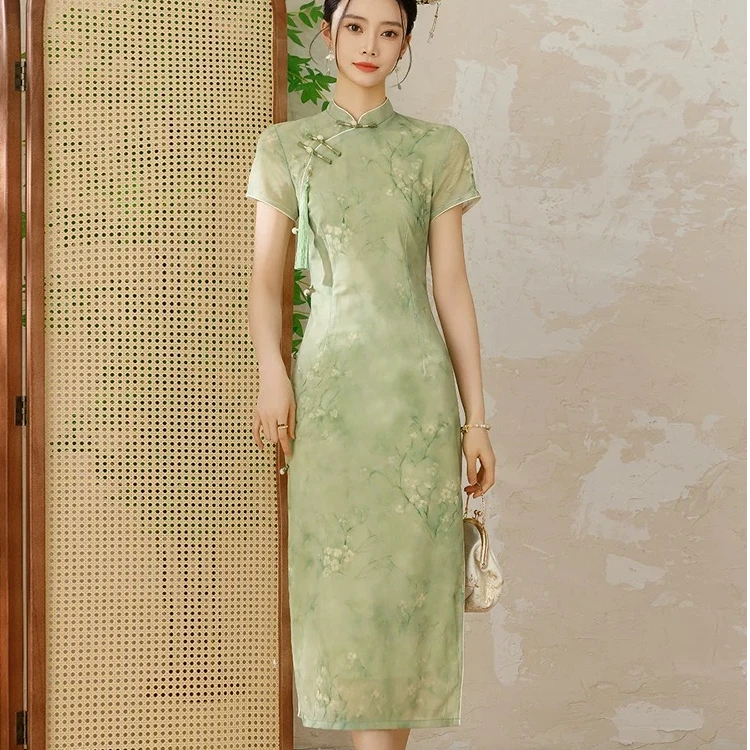 【宓悦-花青】绿色送考旗袍2025夏季新款气质优雅日常可穿清新素雅