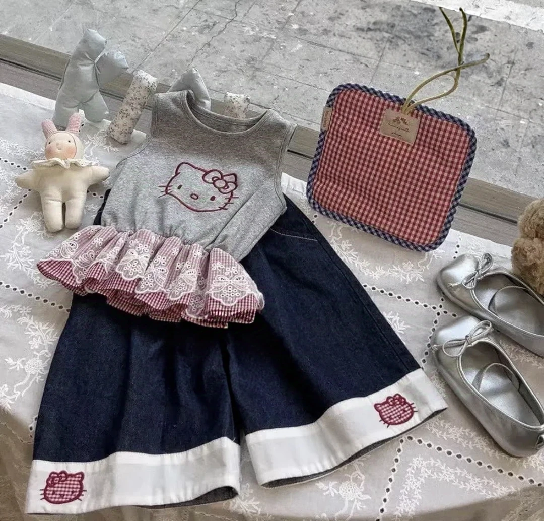 J279夏L·H·NIAO2025新款女童时髦灰色KT猫蕾丝花边格子短袖
