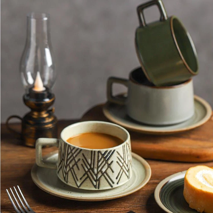日式复古咖啡杯碟套装创意粗陶拉花杯子家用高档精致马克杯手工