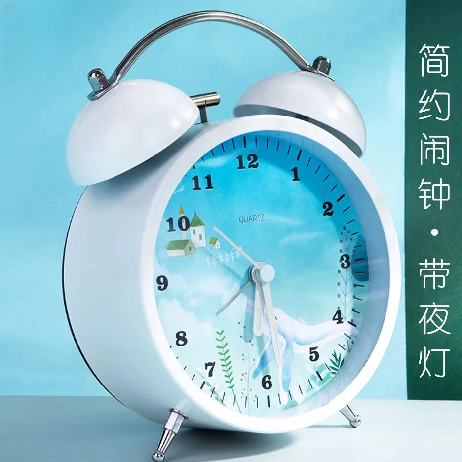 卡通印花柔和夜光大号金属打铃闹钟1个  8836