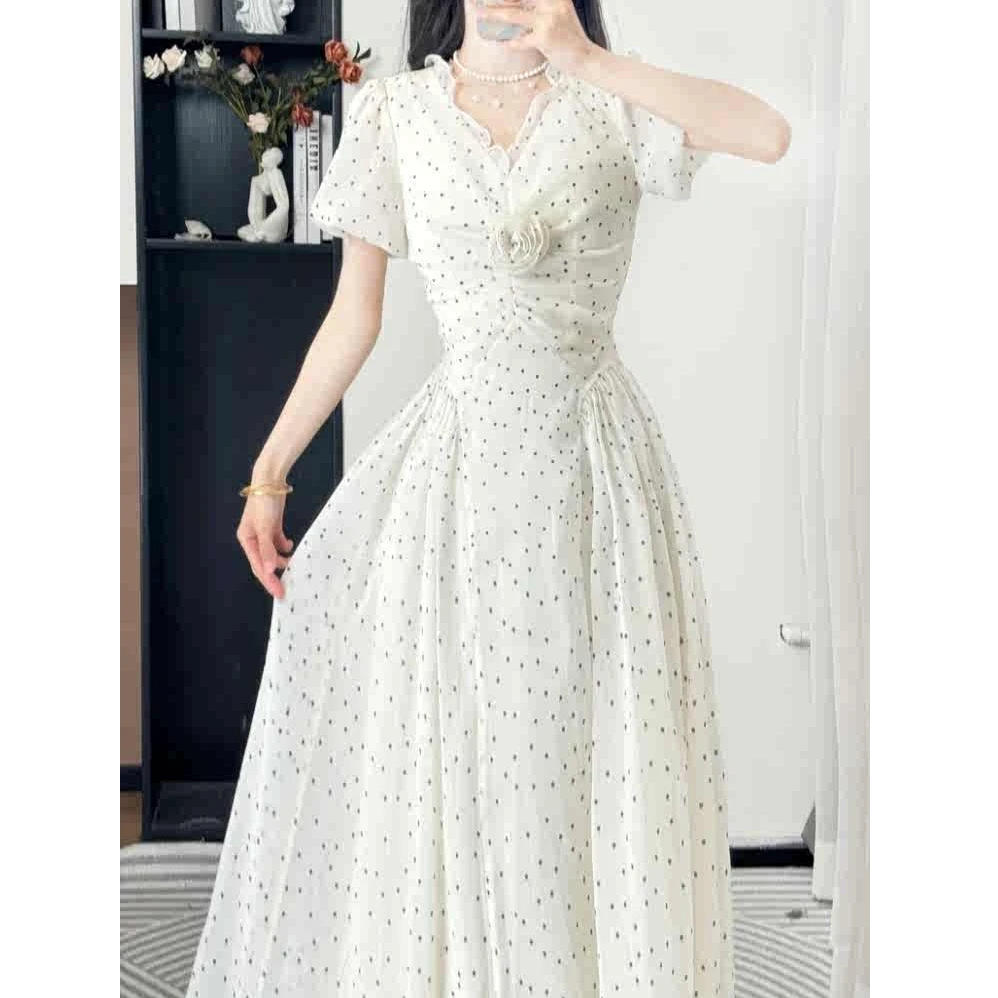 名媛气质超仙波点纯欲连衣裙2025夏季新款温柔公主大摆长裙子女装