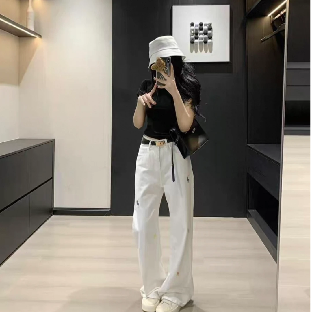 【克罗假日】白色牛仔裤女夏季小马刺绣显瘦宽松直筒裤