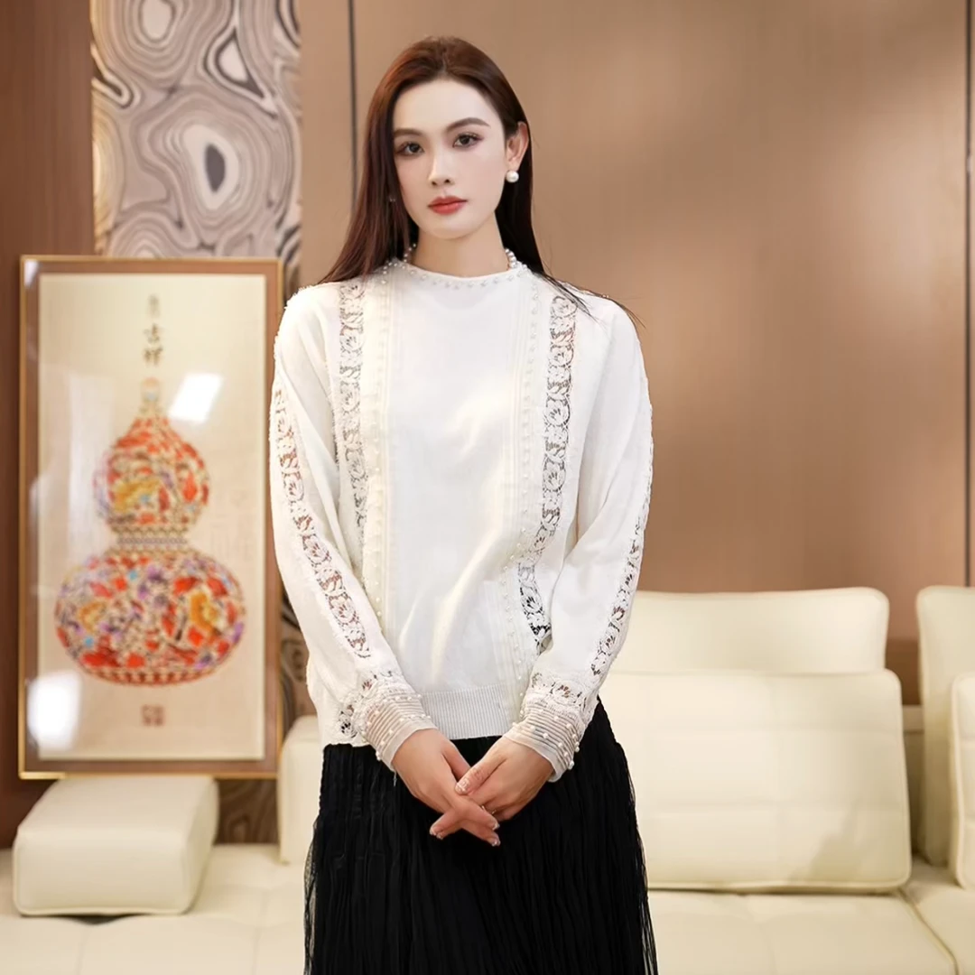 镂空毛针织衫春季长袖毛衫气质打底衫设计师法式提花针织衫轻奢