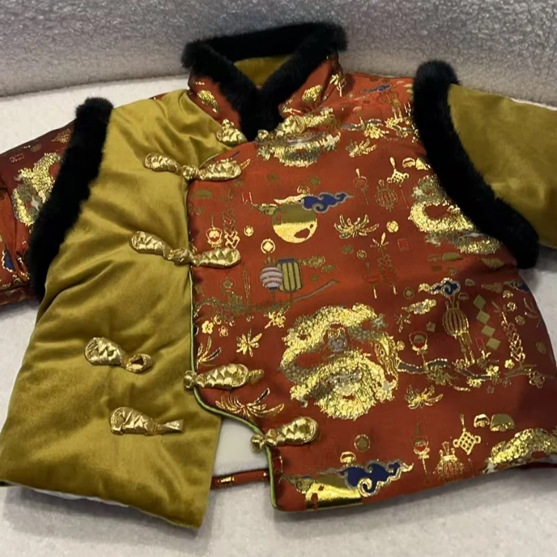 现货拜年服新中式立领拼接珍珠盘口外套23冬季新款儿童加厚上衣