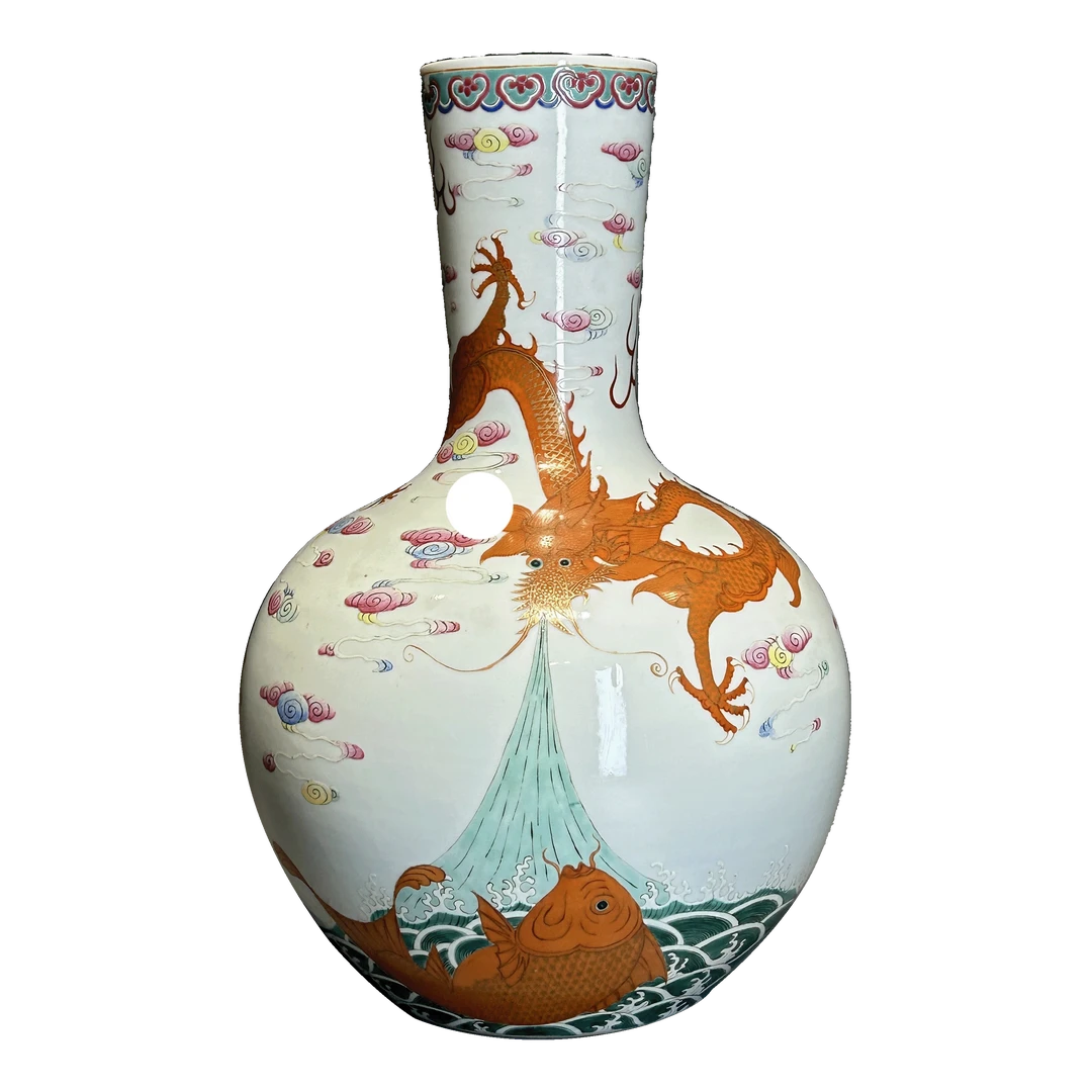 25300578-2x粉彩鱼化龙纹天球瓶