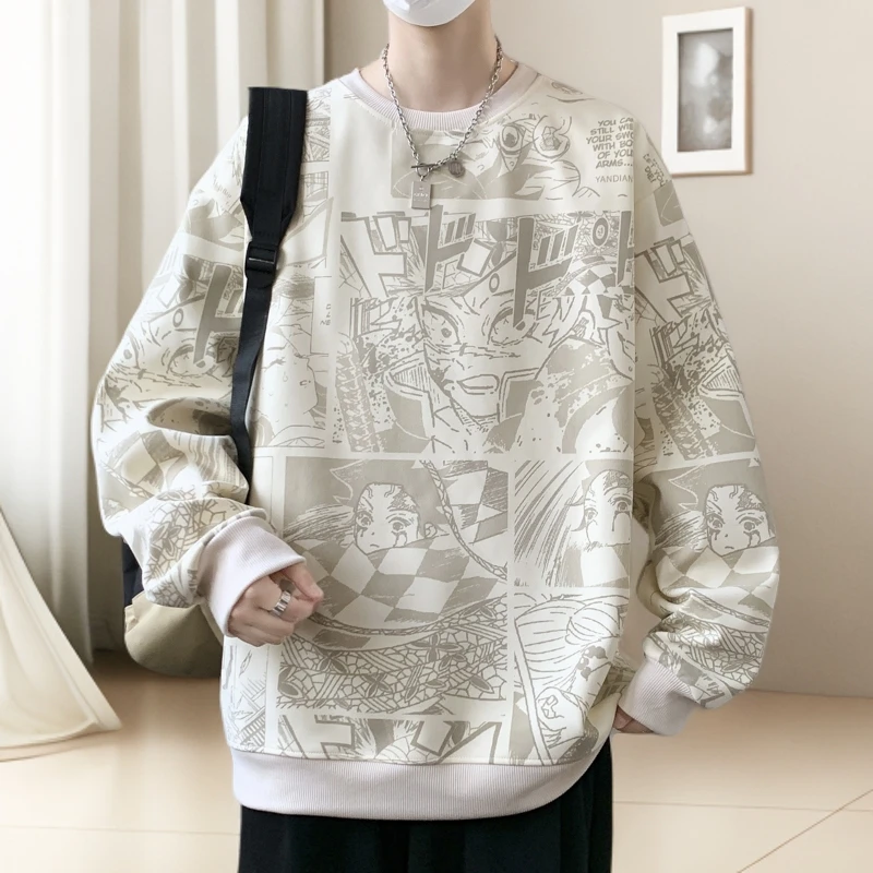 满印涂鸦卫衣男春秋打底衫男士圆领长袖T恤潮流宽松港风休闲上衣