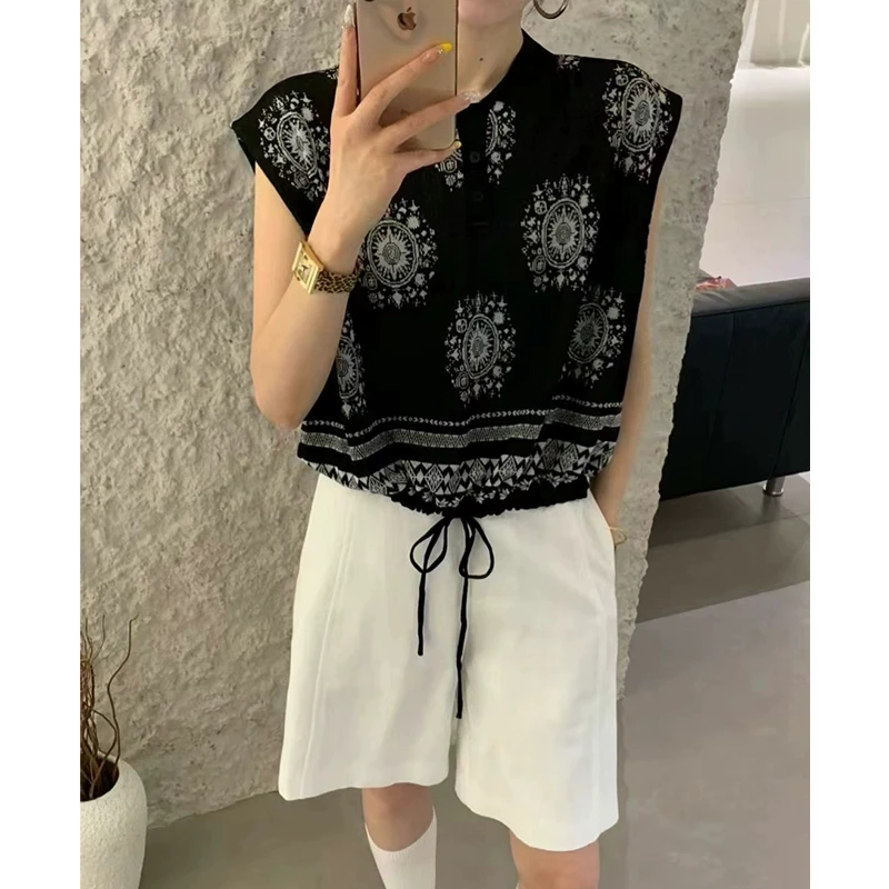 2025夏季新款时尚翻领无袖针织衫民族风抽绳宽松百搭毛衣背心上衣