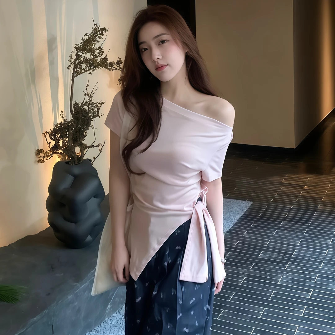 辣妹露肩上衣收腰绑带修身显瘦短袖T恤女夏小众设计感一字领上衣