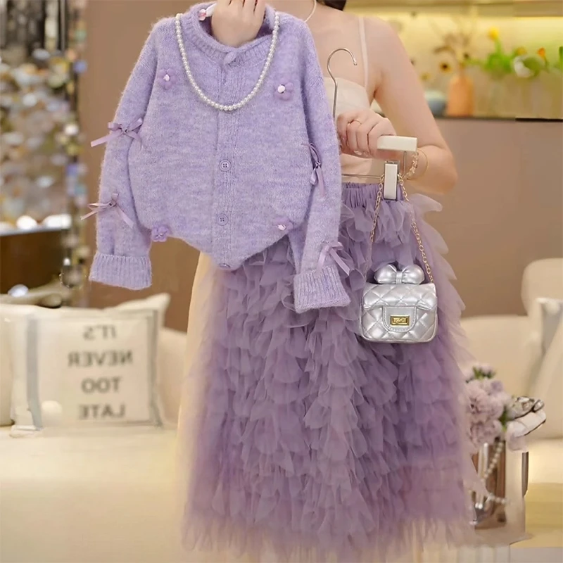 女童针织衫外套蛋糕裙套装2025新款春秋款甜美毛衣打底衫半身纱裙
