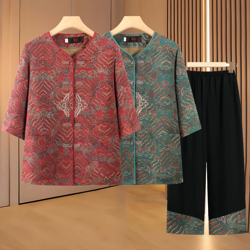 奶奶透气套装女中老年人复古两件套老太太衬衫裤子圆领衣服妈妈装