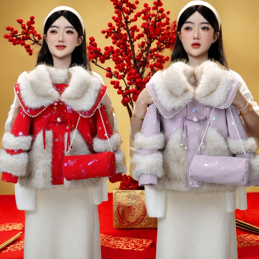 女童仿皮草加绒加厚皮衣外套秋冬款2025新款洋气棉服冬装韩版棉衣