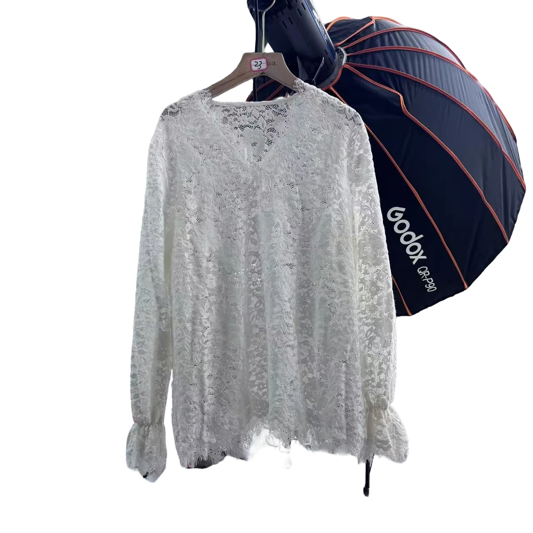 V领镂空白色蕾丝衫女春季2025新款休闲宽松百搭外穿轻薄长袖上衣