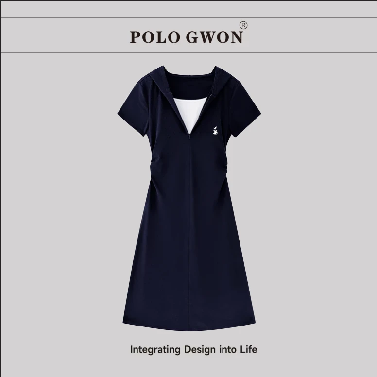 品牌正品POLOGWON/保罗连帽翻领假两件夏日长裙2598