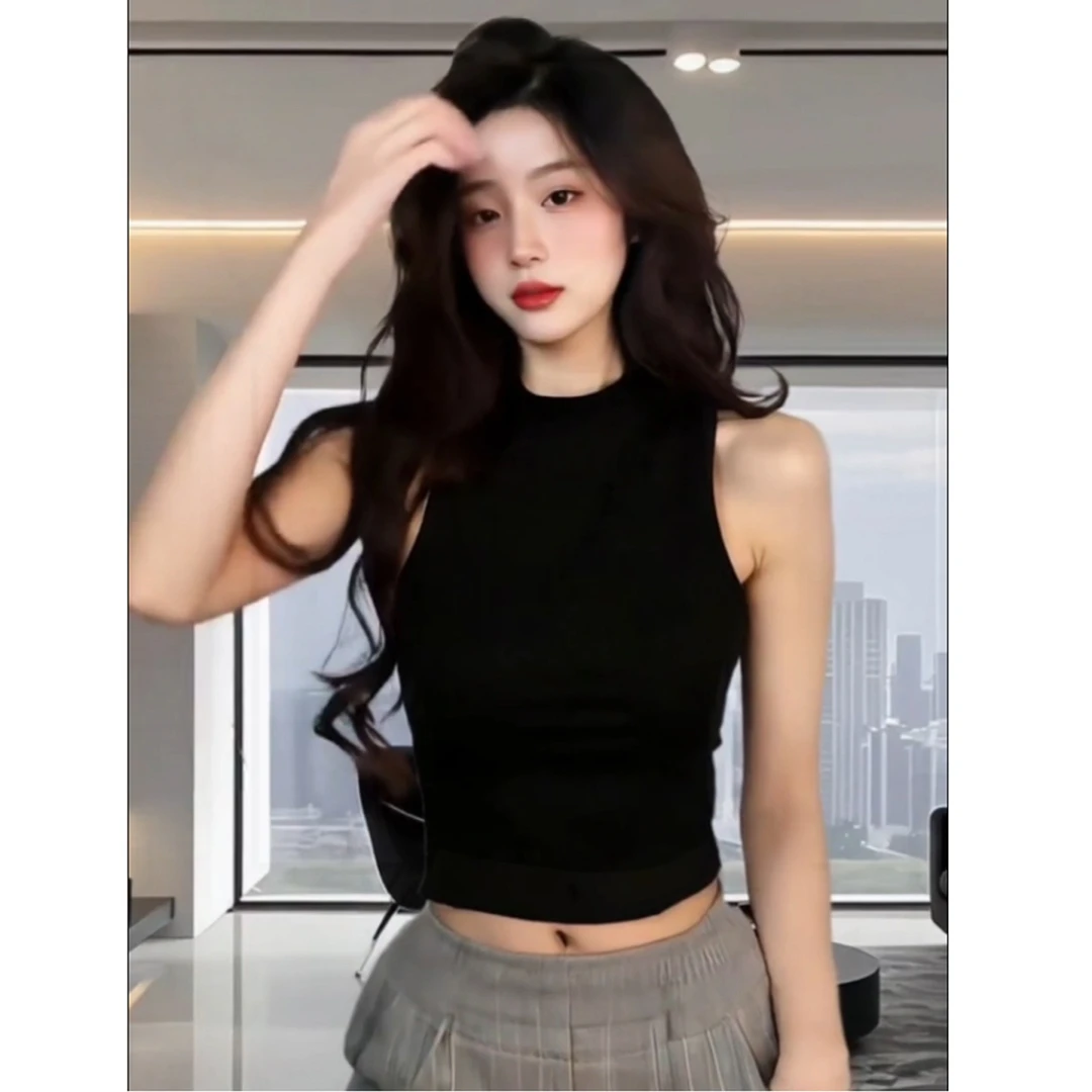 黑色挂脖工字无袖外穿吊带背心女短款内搭早秋季美背打底外穿上衣
