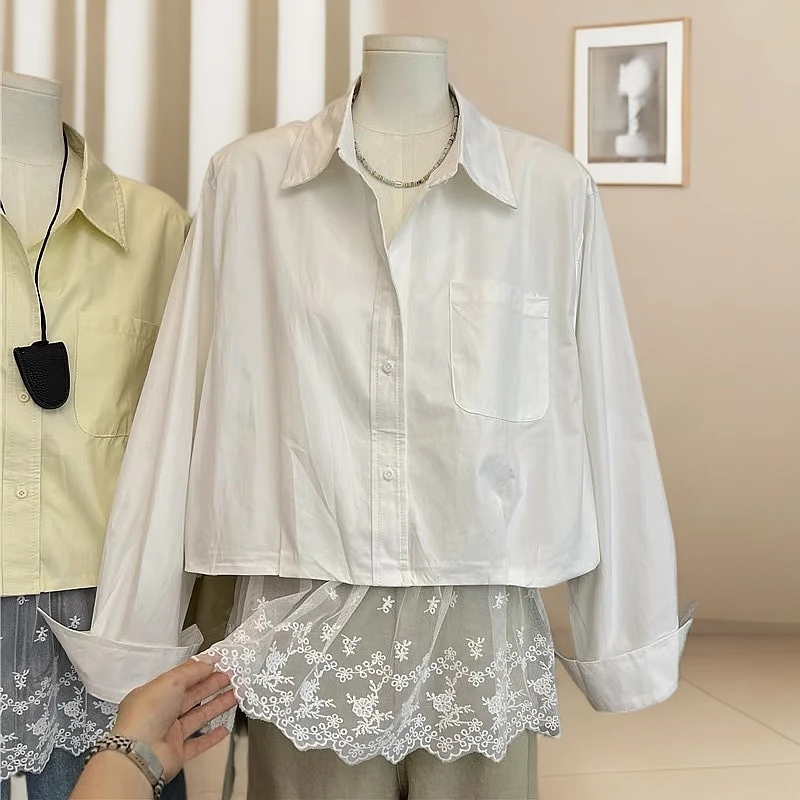 7006#2025年韩系超仙蕾丝吊带屁帘长袖衬衫两件套百搭减龄衬衣