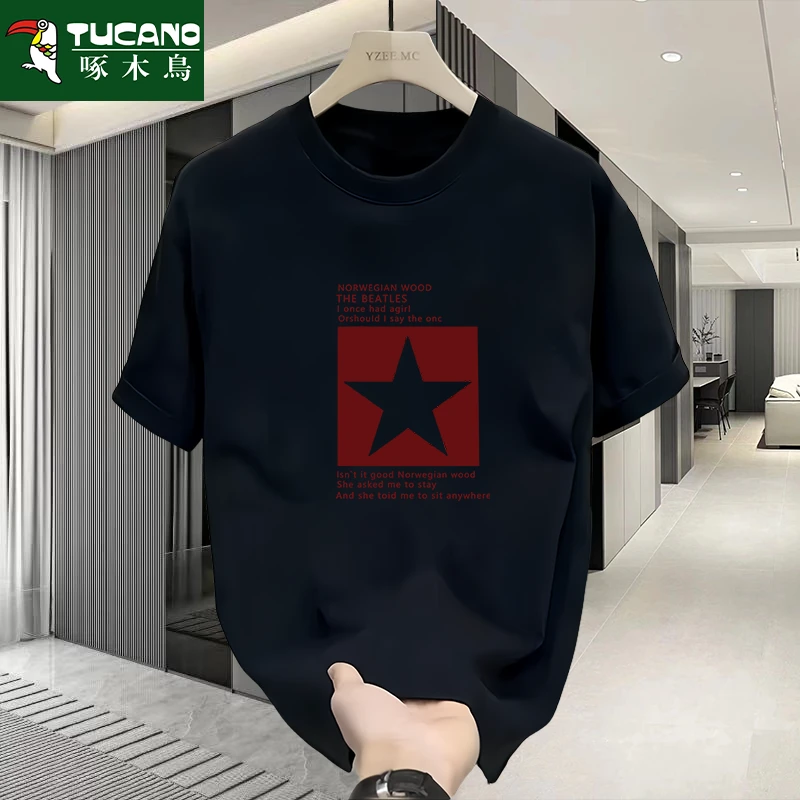 啄木鸟圆领纯棉短袖T恤男宽松印花套头夏季潮流休闲舒适打底上衣t