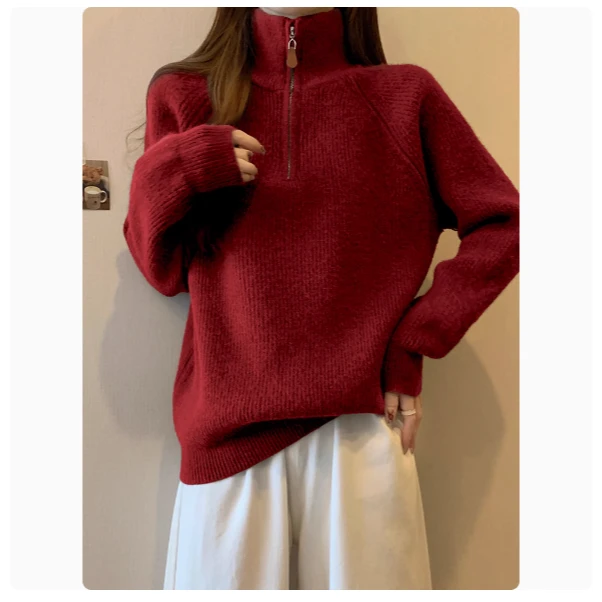 大码高领红色毛衣女2025新款冬季慵懒风半拉链套头洋气针织衫上衣