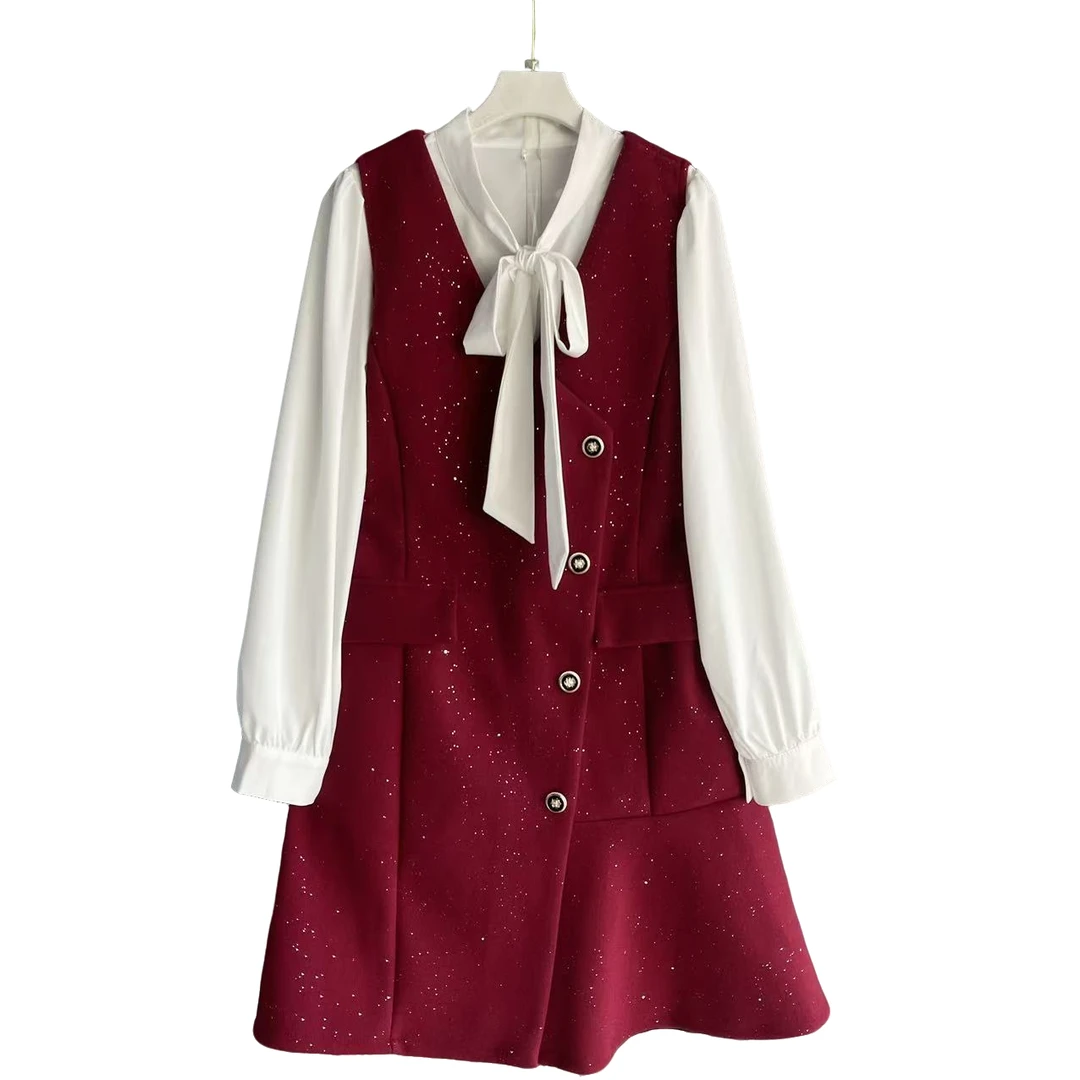 休闲风裙子时尚套装长袖红色气质女装长款收腰小香风秋冬连衣裙