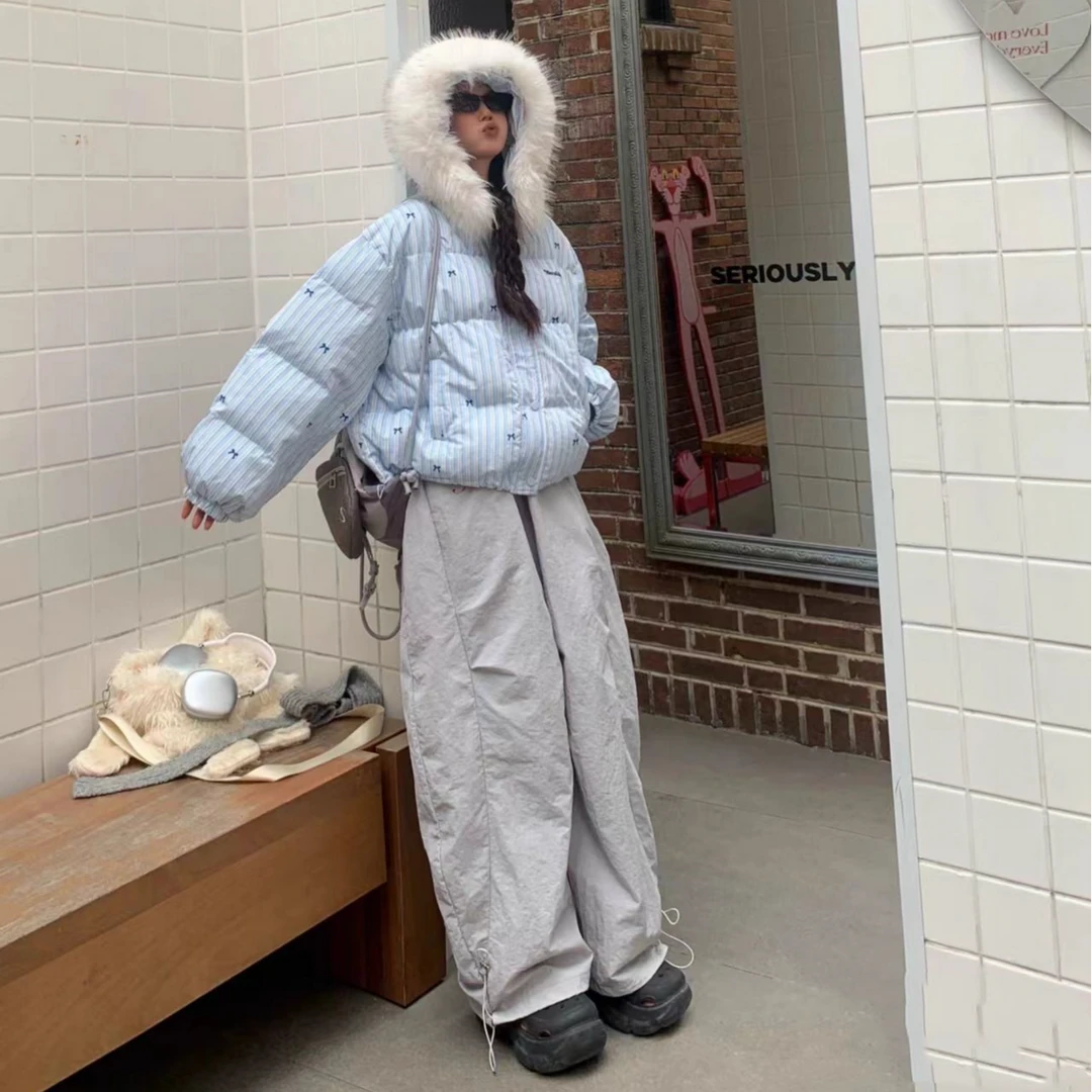 美式设计感蓝色条纹毛领连帽棉服外套女宽松弯刀裤时尚套装