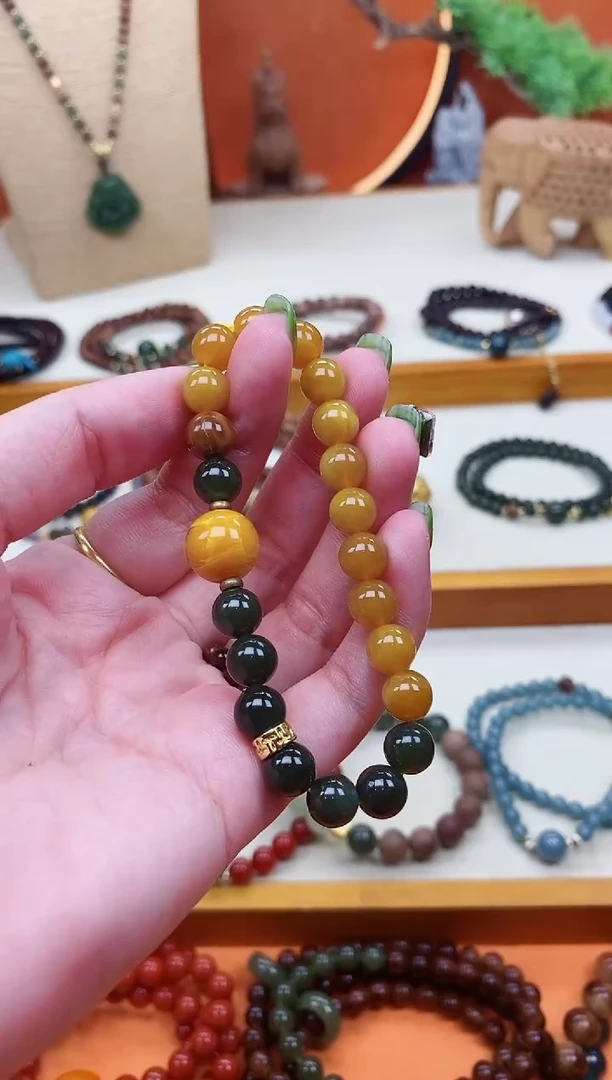 未镶嵌蜜蜡手链单圈蜜蜡和田菠菜绿手串