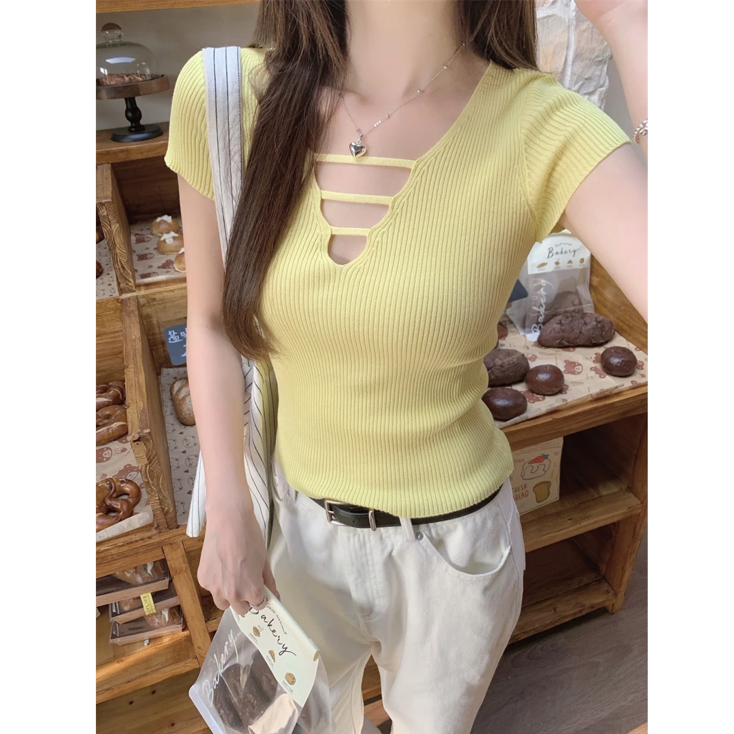v领冰丝短袖针织衫T恤女夏季修身温柔短款上衣夏