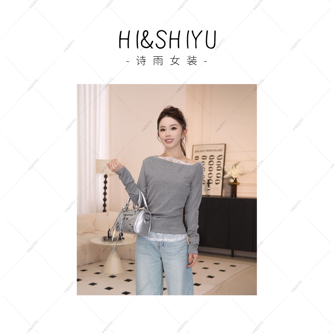 HISHIYU【回头率】2025新款蕾丝边长袖T恤薄款上衣女轻奢显瘦