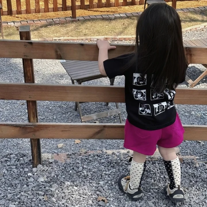 《小思家》男女宝2025夏季新款韩休闲米老板短袖T恤玫红色短裤套装