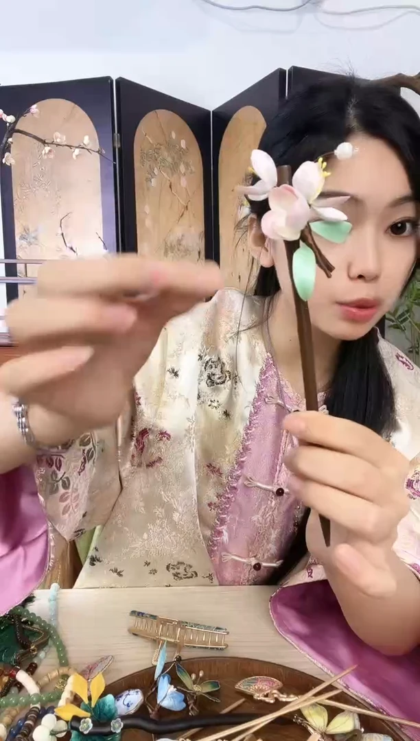 刺绣新中式蚕丝掐丝绒花发簪子手作桃花朵日常穿搭古典旗袍发饰品