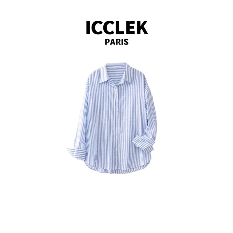 ICCLEK 蓝色条纹刺绣翻领长袖衬衫外套宽松百搭显瘦通勤长衣-3536