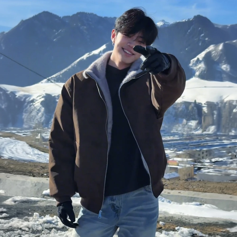 LIGGICC美拉德棕色毛领加绒加厚外套男款重磅仿貂毛保暖棉服冬季