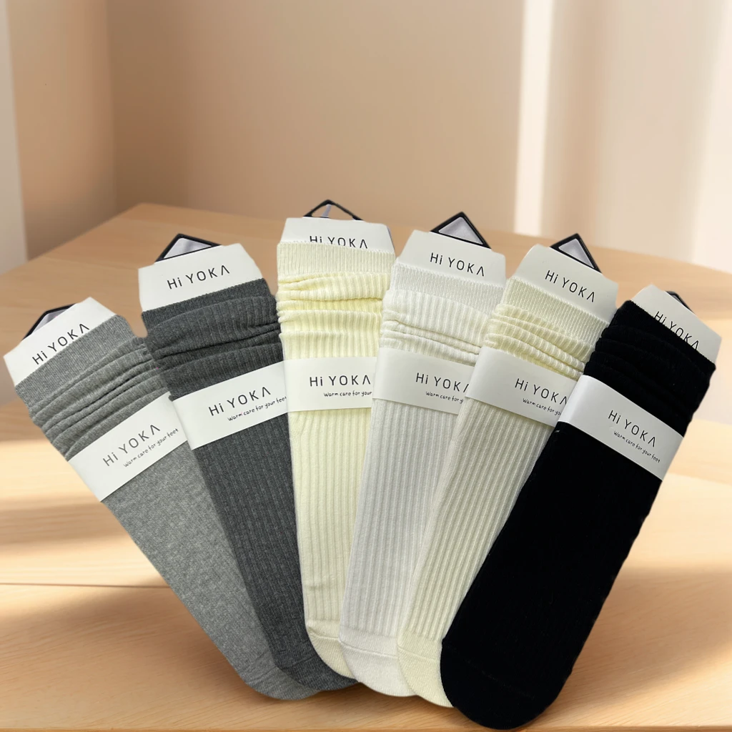 韩国纯色中筒女袜百棉小腿袜堆堆袜竖条无骨柔软丝滑百搭四季袜